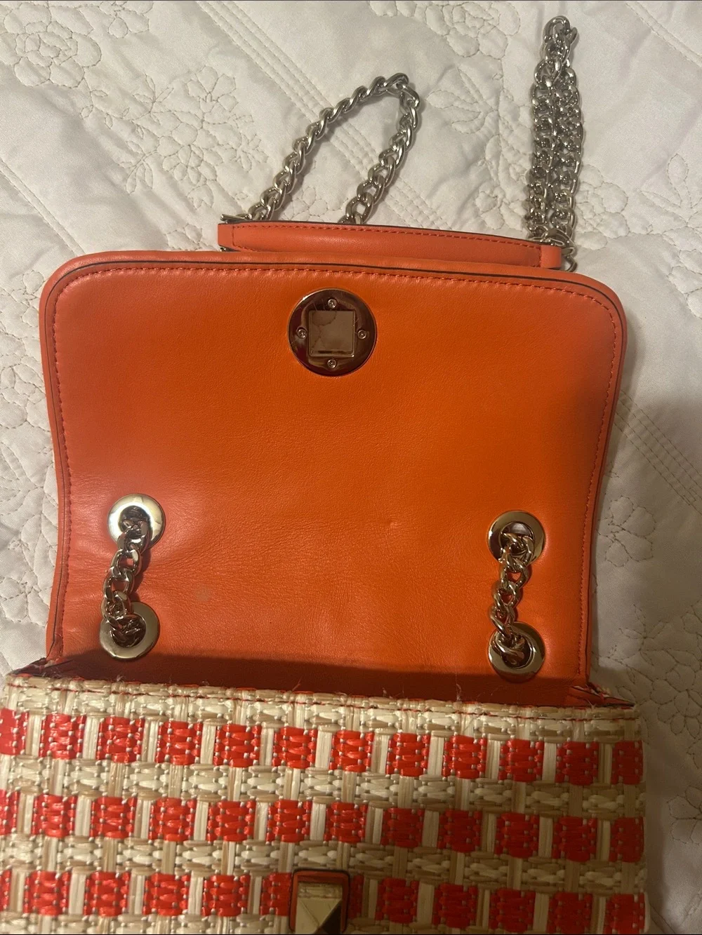 kate spade Orange and Off White Woven Shoulder Bag with Chain Strap